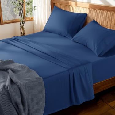 Imagem de LBRO2M Jogo de lençol 100% algodão com bolso profundo 48,3 cm, 1000 fios, tamanho casal, 4 peças, roupa de cama macia e confortável para todas as estações (casal, azul marinho)