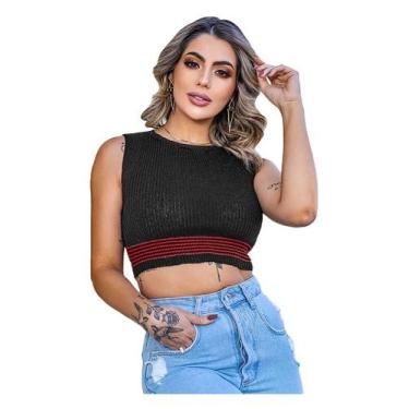 Imagem de Cropped Listras Finas Blusa Regata Tricot Feminina - EUC STORE, Preto,