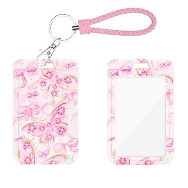 Imagem de CameCosy Elegante porta-crachá com chaveiro, capa protetora de cartão com gravata borboleta para meninas e mulheres, protetor de cartão vertical rígido para cartões de identificação de escritório