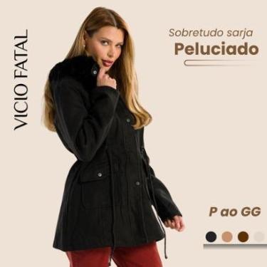 Imagem de Casaco Feminino Sobretudo Lã Batida Forro Peluciado com Capuz Removível-Feminino