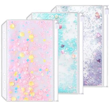 Imagem de Pacote com 3 pastas A5 com 6 furos, pastas de plástico com zíper, à prova d'água, 6 furos, zíper, folhas soltas, envelope com zíper para documentos, cadernos, cartões (lantejoulas decoram com zíper, A5)