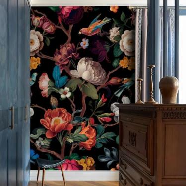 Imagem de Zeeko Papel de parede floral preto Peel and Stick mural de parede tecido vintage papel de parede para quarto TV fundo (149.9 cm x 248.9 cm) grandes pinturas de parede decoração de casa