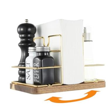 Imagem de Suporte de guardanapo para mesa, suporte de guardanapo giratório de base de madeira com saleiro e pimenteiro, dispensador de guardanapos giratório para decoração de mesa de jantar de cozinha, não