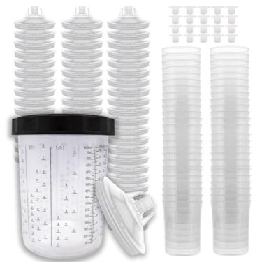 Imagem de LAUCO Kit de sistema de tampas e forros de tinta de pistola de pulverização descartáveis, pacote com 50 - Kit de 800 ml - 50 forros de copo, 50 tampas com filtro de 125 microfones, 1 copo rígido com