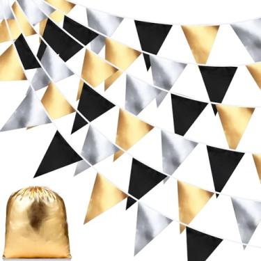 Imagem de Tatuo Bandeiras de galhardete douradas pretas e prateadas de 1,8 m para decoração de festa de graduação em tecido de graduação bandeira bandeira triângulo guirlanda para decoração de formatura