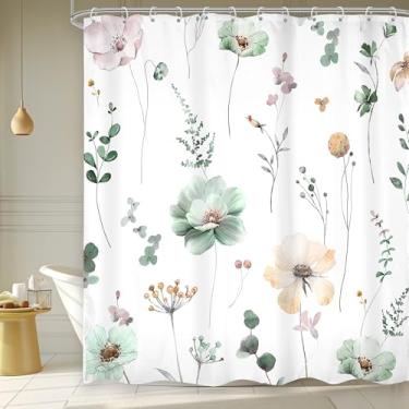 Imagem de Omifly Cortina de chuveiro floral em aquarela 152 cm L x 182 cm A moderna flor verde sálvia bege com 12 ganchos de plástico tecido à prova d'água acessórios de banheiro decoração