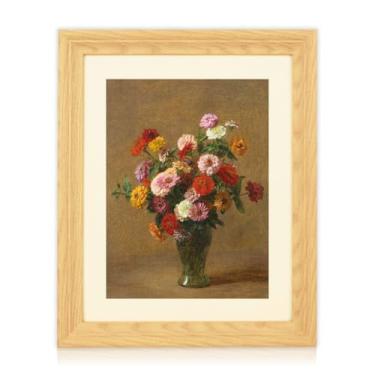 Imagem de Brivoria Arte de parede em tela emoldurada decoração floral vintage 13x16 polegadas Tapete emoldurado Zinnias botânico natureza morta para entrada sala de estar corredor galeria casa de campo estética