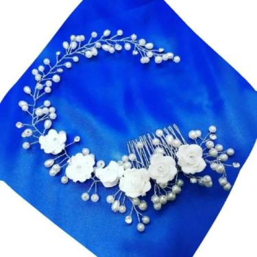 Imagem de Tiara Enfeite Arranjo Cabelo Noiva Dama Perola Flor Strass - Geral