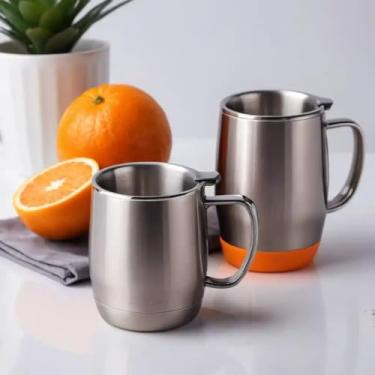 Imagem de Caneca Térmica Parede Dupla em Aço Inox Laranja 350ml com Tampa Rosqueável - Estilo Liso