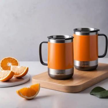 Imagem de Caneca Térmica Parede Dupla em Aço Inox Laranja 950ml com Base Antiderrapante - Estilo Premium