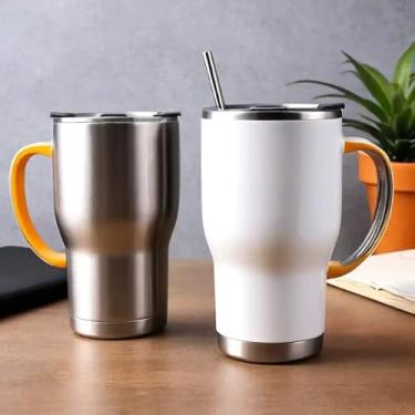 Imagem de Caneca Térmica Parede Dupla em Aço Inox Branca 500ml com Canudo - Estilo Esportivo