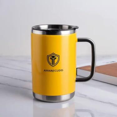Imagem de Caneca Térmica Parede Dupla em Aço Inox Amarela 900ml com Canudo - Estilo Com Logo