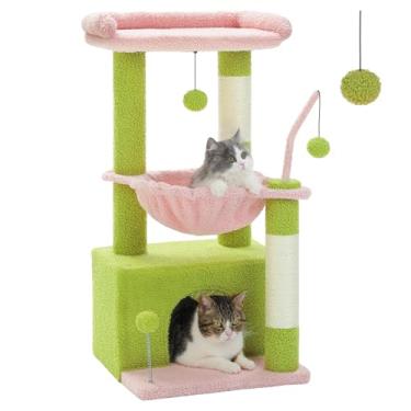 Imagem de PEQULTI Torre para gatos 4 em 1 com vários níveis, árvore rosa de 83 cm para gatos internos com condomínio grande para gatos, poste arranhador para gatos com rede profunda e poleiro aconchegante