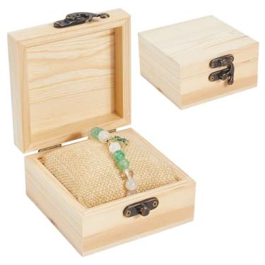 Imagem de Beebeecraft 2 caixas de madeira inacabada com tampas 8,5 x 8,5 x 5 cm baú de tesouro amarelo claro quadrado pequenas caixas de madeira para artesanato com 2 peças de almofadas de relógio de pulseira