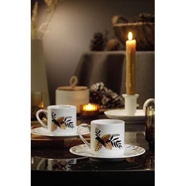 Imagem de Conjunto de 2 xícaras de café turco de porcelana Ktahya Porselen, capacidade de 90 ml, branco, estilo clássico com folhas de frutas vermelhas da floresta e padrões de pinho