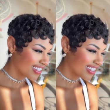 Imagem de PurpleSexy Perucas De Corte Pixie Elegantes E Chiques, Cabelo Humano, Curto, Em Camadas, Para Mulheres Negras, Cacheado Sem Cola, Com Franja, Uso Diário, Cor Natural 1B, Totalmente Feito À Máquina