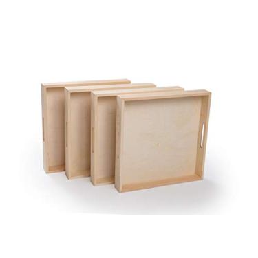 Imagem de Bandeja de madeira/bandejas de madeira | Caixas de servir quadradas com alças – inacabadas e pequenas | Para materiais Montessori, artesanato, coisas para pintar, crianças, decoração, prateleira, atividade (30 x 30 x 3,5, pacote com 4)
