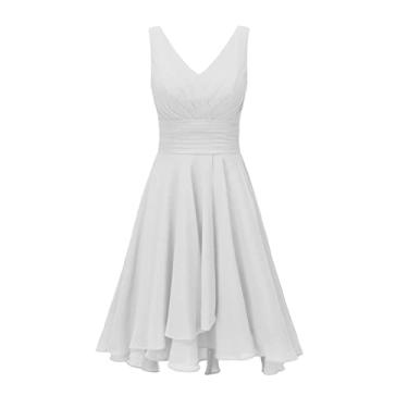 Imagem de XUENWBD Vestidos curtos de dama de honra para mulheres, decote em V duplo, evasê, franzido elegante, vestido de baile de formatura de chiffon com bolsos X12, Branco, 36