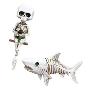 Imagem de Sclmgo Estátua de esqueleto de pesca mini estatueta de caveira de Halloween escultura de pescador para aquário