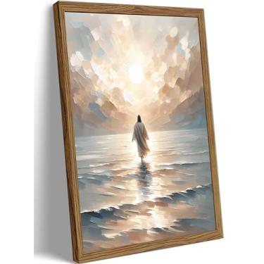 Imagem de Jesus Walking on Water Canvas Wall Art Jesus Christian Posters Prints Sacred God Walking on Ocean Beach Painting Pictures for Living Room Bathroom Office Wall Decor Wooden Framed