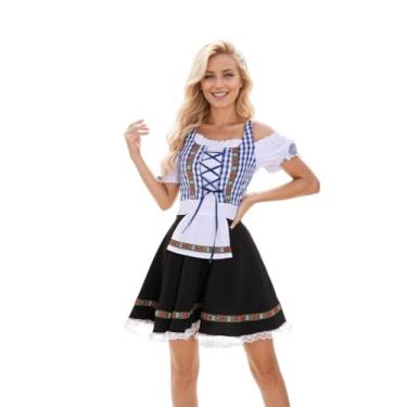 Imagem de Khanda Fantasias femininas Oktoberfest com gola U, vestidos Dirndl, xadrez, clássicos, Oktoberfest, para festa bávara alemã (azul, grande)