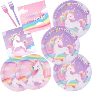 Imagem de Conjunto de artigos de festa de unicórnio serve 24 pratos de jantar de papel de unicórnio arco-íris, pratos de sobremesa, guardanapos, garfos para decorações de festa de aniversário com tema de