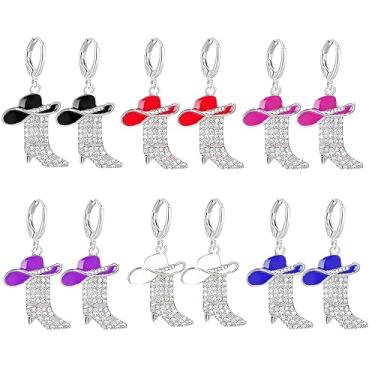 Imagem de WCRAZYE 6 pares de brincos de faroeste para mulheres, vintage, cabeça de gado, botas de ferradura, chapéu, brincos ocidentais, rodeio, country, brinco, Small, Zinco, Sem pedra preciosa