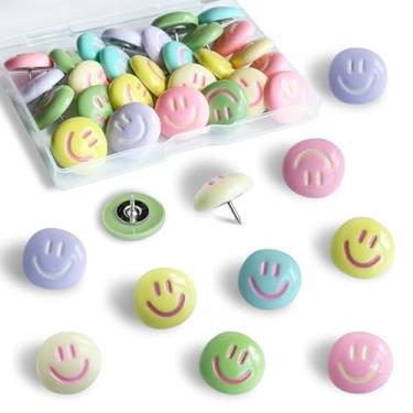 Imagem de Alfinetes decorativos de rosto sorridente, lindos pinos de quadro de avisos, tachinhas para quadros de cortiça, organização de escritório ou decoração de casa (24 peças de cor gelatina) (24 peças