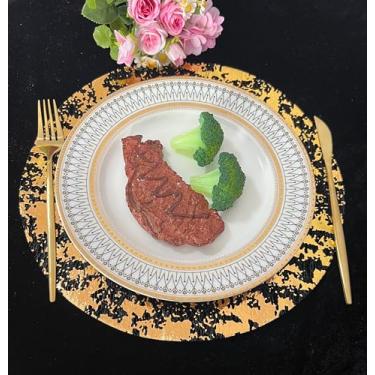 Imagem de Jogo americano descartável, preto e dourado, conjunto de 50 tapetes metálicos finos redondos de 33 cm de malha prensada para outono, pacote com 50 placas carregadoras para casamento, festa de