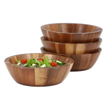 Imagem de Elama Conjunto de 4 tigelas de madeira de acácia de 17 cm - marrom escuro, tigelas de salada de madeira natural para servir, misturar, frutas, lanche - Utensílios de mesa rústicos de cozinha e jantar