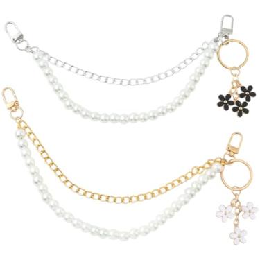 Imagem de SUNNYCLUE Conjunto de 2 peças de corrente extensora de bolsa de mão para bolsa de mão ouro prata plástico pérolas alça curta substituição flor chaveiro pingente extensão para bolsa transversal ombro