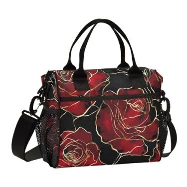 Imagem de Lancheira vermelha dourada preta para mulheres, lancheira isolada para estudantes, lancheira feminina com bolsos laterais e alça de ombro removível, bolsa térmica grande para piquenique, trabalho