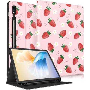 Imagem de Wazzasoft Capa para Samsung Galaxy Tab S8/Tab S7 11 polegadas para mulheres meninas capa fólio com suporte de lápis design fofo feminino Kawaii morango bonitas capas de tablet para Samsung Tab S7/Tab