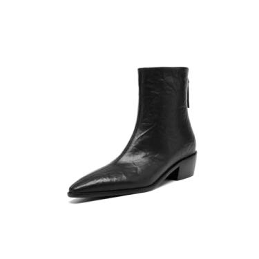 Imagem de TinaCus Botas Chelsea femininas de couro genuíno feitas à mão com zíper nas costas, bico fino, salto baixo, cano baixo, cano alto, Preto, 33
