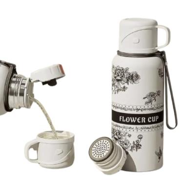 Imagem de Garrafa de Conservação Térmica em Aço Inox 600ml Com Isolamento a Vacúo Com 3 Canecas - Ideal para Bebidas Quentes e Frias - Uso Diário, Viagem ou Acampamento