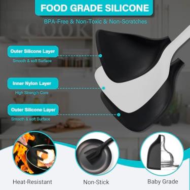Imagem de Pinça de espátula de silicone, pinça de espátula 2 em 1 para cozinhar, espátula antiaderente para ovos, virador de ovo resistente ao calor para panqueca, peixe, rabanada (preto e branco)