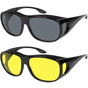 Imagem de Óculos de sol Fit Over Wrap com lentes polarizadas 100% de proteção UV para homens e mulheres, Lente amarela para dirigir noturna e lente fumê, 60-18-132