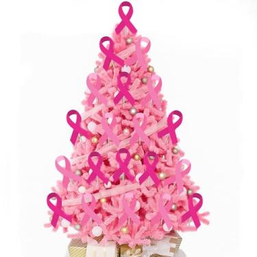 Imagem de Threehoney Conjunto de 20 palhetas para conscientização do câncer de mama de 20 peças com fita rosa e bastão de apoio de conscientização do câncer para decoração de árvore de dia de amor de mama para