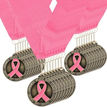 Imagem de Huquary 24 peças Medalhas de corrida em massa de conscientização sobre o câncer de mama medalhas de corrida com fitas de pescoço Prêmio memorial para mulheres presentes de conscientização do câncer de