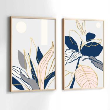 Imagem de Conjunto Quadros Decorativos com Moldura Abstrato Folhas Azul Dourado 