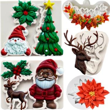 Imagem de 5 peças de moldes de silicone de Natal, árvore de Natal, folha de azevinho, papai noel, rena, fondant, bolo, decoração de bolos, moldes para festa de Natal, férias, chocolate, doces, biscoitos, topo