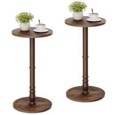 Imagem de Homleke Conjunto de 2 mesas laterais redondas, pilar de madeira maciça com tampo e base de madeira, mesa pequena para sala de estar, quarto, sofá e escritório, fácil montagem, marrom rústico