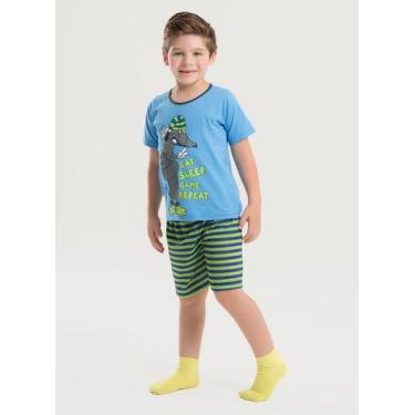 Imagem de Pijama Verão Menino Azul Camiseta Brilha no Escuro e Bermuda Doguinho 
