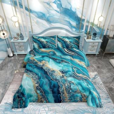 Imagem de Erosebridal Conjunto de cama tie dye azul-petróleo, textura de mármore gradiente, tamanho king para crianças, adolescentes e adultos, conjunto de cama de arte abstrata para todas as estações, edredom