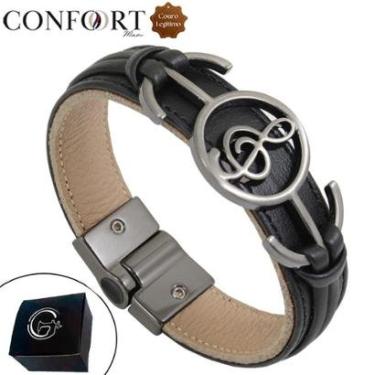 Imagem de Pulseira de Couro Preto Magnética Música Artista Clave de Sol Grafite-Unissex