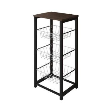 Imagem de Fruteira De Chão Cozinha Desmontada Aço Preto Cesto Branco Tampo Amênd