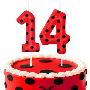 Imagem de Velas de aniversário de joaninha número 14, topo de bolo de bolinhas vermelhas e pretas para meninos e meninas, decorações de aniversário, suprimentos de festa, velas numéricas para decoração de festa