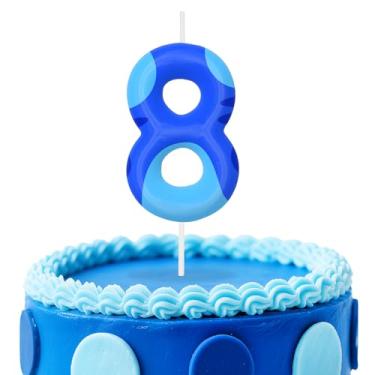 Imagem de Velas azuis de aniversário número 8, topo de bolo com tema de desenho animado para decoração de bolo para meninos e meninas, decorações de aniversário, suprimentos de festa, velas com números para