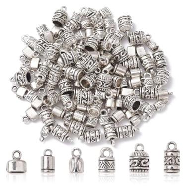 Imagem de Ipotkitt 120 peças, 6 estilos, extremidades de cordão de prata antigas, tampas de extremidade de liga, fecho de coluna, barril, alça de couro, tampa de contas, tubo de contas para fazer joias Kumihimo