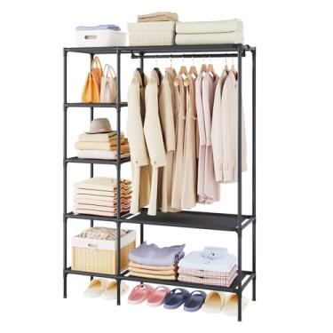 Imagem de Dttwacoyh Armários portáteis para pendurar roupas, suporte de roupas com prateleiras, fácil de montar, adequado para vestiário, quarto, sala de estar, etc. Preto